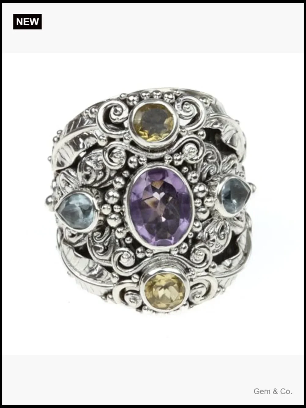 Sterling Silver Amethyst Blue Topaz Cocktail Ring Size 8 Handmade Bali